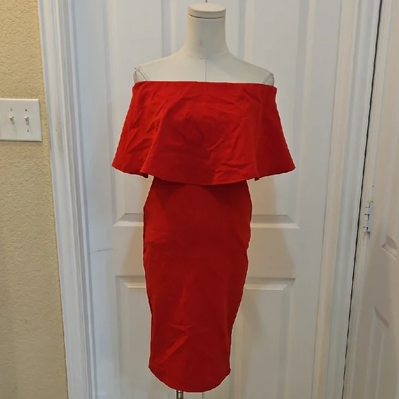 Rolla Coster Red Ruffled Classic Strapless Bodycon Dress Size M - Picture 2 of 8